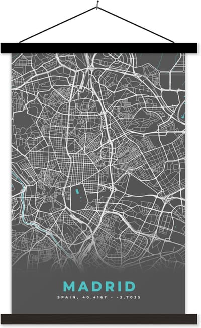 Posterhanger incl. Poster 40x60 cm - Schoolplaat - Madrid - Blauw - Kaart - Plattegrond - Stadskaart - Textielposter - Zwarte latten - Stadskaart