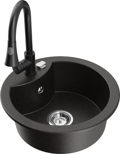 Mexen Diego granieten spoelbak 1-bak met keukenkraan Elia, zwart/goud metallic - 6512-75-670101-70