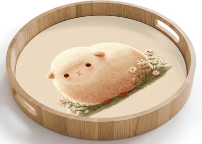 Dienblad rond 40x40 cm - Schootdienblad hout - Schaap - Beige - Bloemen - Borrelplank rechthoek - Plateau houten dienbladen