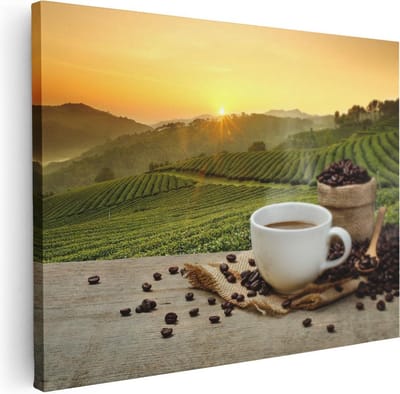 Artaza Canvas Schilderij Koffie - 80x60 cm - Wanddecoratie Koffie - Muurdecoratie Zonsondergang - Schilderijen Op Canvas Landschap