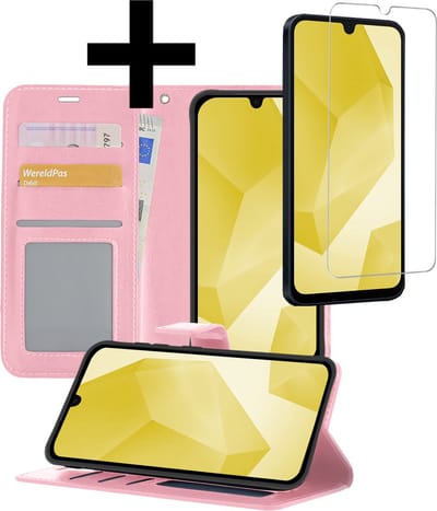 Hoesje - Met Screenprotector - Geschikt voor Samsung Galaxy A16 - Luxe Pasjeshouder - Bookcase Portemonee - Flip Case - Kunstleer Book Case - Flipcase - Book Cover - Walletcase - Portemonneehoes - Telefoonhoesjes - Lichtroze