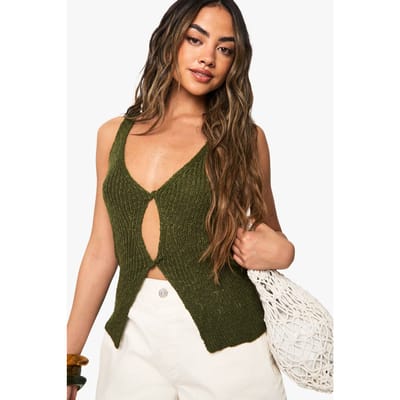 boohoo Dames Gebreide Twist Voorzijde Gehaakte Veste | Khaki | Maat: 10
