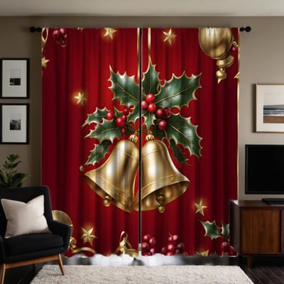 2 stuks HD kerstbel hanger Decoratief gordijn Rode strik digitaal bedrukt gordijn Huisdecoratie stijl Gedecoreerde woonkamer W52H63inchW132H160cm brown