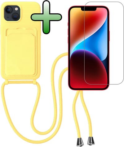Hoes Geschikt voor iPhone 13 Hoesje Pas Houder Case Hoes Met Koord Met Screenprotector - Hoesje Geschikt voor iPhone 13 Hoes Met Telefoonkoord Pasjeshouder Cover - Geel