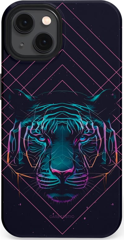 Casetastic hoesje geschikt voor Apple iPhone 13 - MagSafe - Dubbellaagse bescherming - Neon Tijger - Fashion Case - Donkerblauw