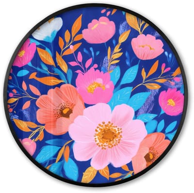 Poster in lijst Rond - Fotolijst 60x60 cm - Posters - Bloemen - Blauw - Roze - Ronde posterlijst zwart - Decoratie - Wanddecoratie woonkamer - Muurdecoratie slaapkamer