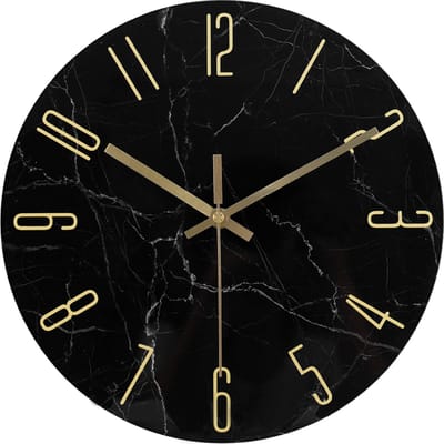 IvoQ Wandklok Marmerlook Zwart - Glas - Ø 30 cm - Stil Uurwerk - Modern & Goud