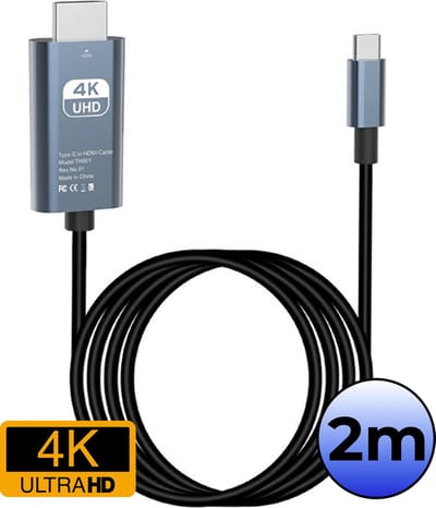 USB C naar HDMI Adapter 4K 30Hz HD Converter - USB C naar HDMI Adapter - 2 meter - Zwart