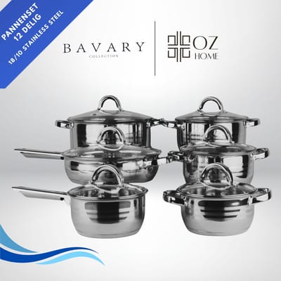 OZ HOME Bavary Pannenset 12-delig - 18/10 RVS - Inductiegeschikt - Stapelbaar - Glazen Deksels