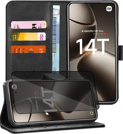 Hoesje geschikt voor Xiaomi Redmi 14T / 14T Pro - Privacy Screenprotector Volledig Dekkend Glas - Portemonnee Book Case Zwart