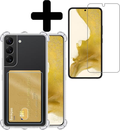 Hoesje - Geschikt voor Samsung Galaxy S22 - Met Screenprotector - En Pashouder - En Kaarthouder - Telefoon Hoes Shockproof - Siliconen Case - Back Cover - Shock Proof - Pasjes Houder - Telefoonhoesjes - Transparant
