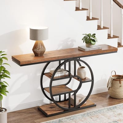 Consoletafel, halmeubel, industriële consoletafel met 5 opbergniveaus, smalle bijzettafel voor woonkamer, afmetingen 120 x 30 x 80 cm