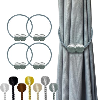 Magnetische gordijnbinders 4-pack, lengte 47 cm, gordijnbinders gespen houders haken clip voor thuis slaapkamer kantoor decoratieve dikke of dunne gordijnen (Grijsblauw)