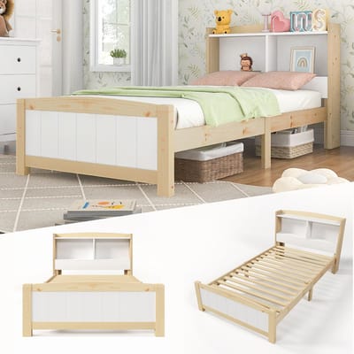 Eenpersoonsbed van massief hout met opbergruimte in het hoofdeinde, bedframe van 90 x 200 cm met lattenbodem, houten bed met hoofdeinde, kinderbed, tienerbed, massief grenen, naturel en wit (zonder matras en lades)