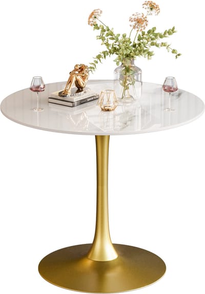 FATIVO Ronde Eettafel - 76 x 76 x 78.5cm - Keukentafel Voor 2-3 Personen - Marmerlook - wit & goud