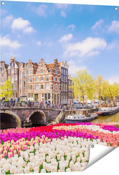 Gards Tuinposter Amsterdamse Huisjes aan de Grachten - 80x100 cm - Tuindoek - Tuindecoratie - Wanddecoratie buiten - Tuinschilderij