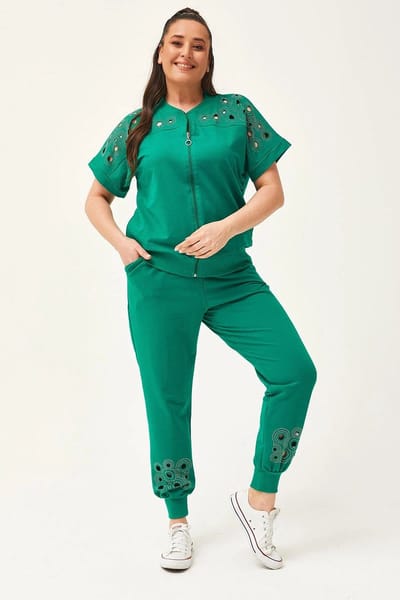 Dames Large Trainingspak Groen - Zomer Kortmouw Transparante Snit Steen Bedrukte - L Tracksuit Joggingpak