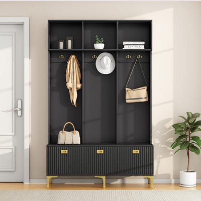 Komhtom Kledingrekken Garderobe set open opbergruimte en 6 haken moderne gouden poten Zwart
