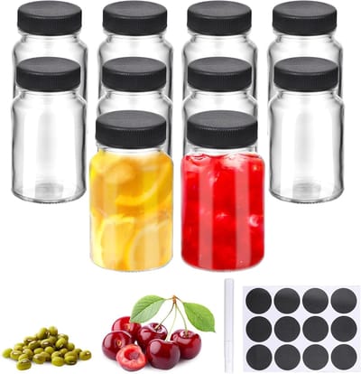 Famanu - Set van 10 glazen flesjes 60 ml, herbruikbare lekvrije shotflessen met etiketten voor sap, gember en whisky – Zwart