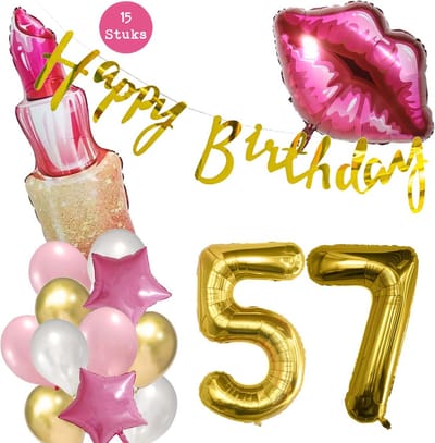 Snoes Beauty Helium Ballonnen Set 57 Jaar - Roze Folieballonnen - Slinger Happy Birthday Goud