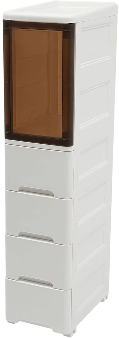 Toilet shelf organizer – For bathroom and bedroom – 5-tier narrow corner cabinet with drawer and wheels – White plastic