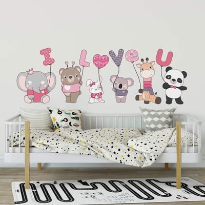 Muurstickers - KIND, DIEREN EN BALLONNEN, IK HOU VAN JOU - Zelfklevende stickers - 90x60cm