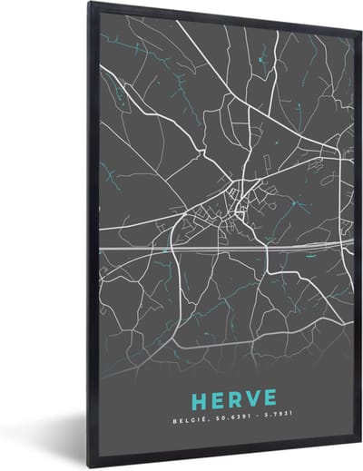Fotolijst incl. Poster - Plattegrond – Herve – Blauw – Stadskaart - Kaart - België - 40x60 cm - Posterlijst