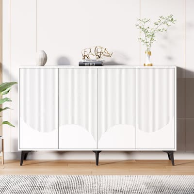 Sweiko Dressoir - Halmeubel - 4 deuren met verticale lijnen - Verstelbare planken - Metalen poten - Wit