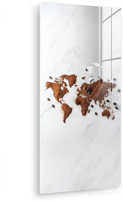 MuchoWow® Glasschilderij 40x80 cm - Schilderij acrylglas - Wereldkaart - Koffie - Marmer - Foto op glas - Muurdecoratie woonkamer - Wanddecoratie slaapkamer - Schilderijen