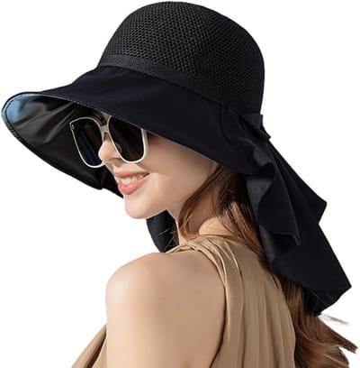 Daity 1 stuck - Zonnehoed voor dames - Zonnehoed met UV-bescherming - Opvouwbare zonnehoed met brede rand - Zomerstrandhoed met nekflap - Ademend - Bescherming tegen de zon - Zwart - Eén maat - Geschikt voor buiten