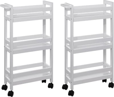 5Five Keuken of badkamer trolley 3-laags - 2x - wit - D15 x B40 x H75 cm - mdf hout - met wielen