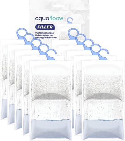 AquaFloow, set 10 vochtabsorbers voor kasten, kleerkasten, hangend, luchtontvochtiger hangende, 500 ml, tegen vocht onaangename geurtjes, geurloos