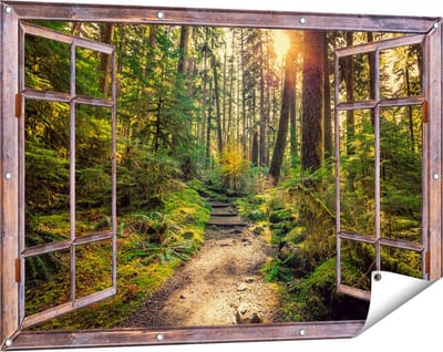 Gards Tuinposter Doorkijk Voetpad in het Bos - 120x80 cm - Tuindoek - Tuindecoratie - Wanddecoratie buiten - Tuinschilderij