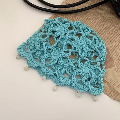 Dames lente en zomer nieuwe handgeweven gehaakte hoed ademend haak bloem parel hanger kleine trekkoord hoed blue