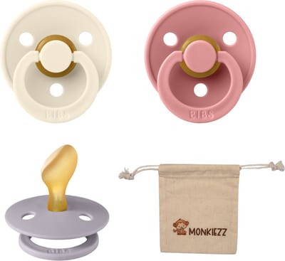 Bibs Dental fopspenen Anatomical 6-18 maanden- Set 3 stuks- Ivory, Dusty Pink, Fossil Grey + Monkiezz speenzakje - orthodontisch- Anatomisch- Maat 2