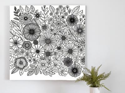 Line art bloemen schilderij | Prachtige lijnenspel van bloemen in levendige kunstcreaties onthuld | Kunst - 60x60 centimeter op Dibond | Foto op Dibond