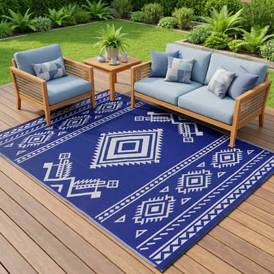 GOTGELIF Buitentapijt 270x370 cm – Outdoor Rug, Water- & Slijtvast, Omkeerbaar, Plastic Stro, Voor Patio, Tuin, Camping & Camper – Blauw/Wit Bohemian Patroon