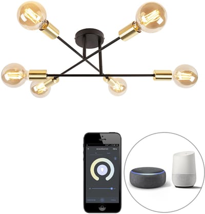 QAZQA sydney - Industriele Dimbare LED Smart Plafondlamp incl. wifi met Dimmer - 6 lichts - Ø 55 cm - Zwart Goud - Industrieel - Woonkamer | Slaapkamer | Keuken