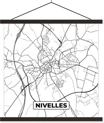 Posterhanger incl. Poster 60x60 cm - Schoolplaat - Zwart Wit – België – Plattegrond – Stadskaart – Kaart – Nivelles - Textielposter - Zwarte latten - Stadskaart