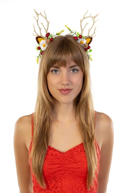 KIMU® Haarband Rendier Lampjes Bloemen Besjes - Diadeem Ree Eland Lichtjes Rudolf - Haar Kerstmis Kerst Volwassenen Kinderen Gewei Oortjes Festival