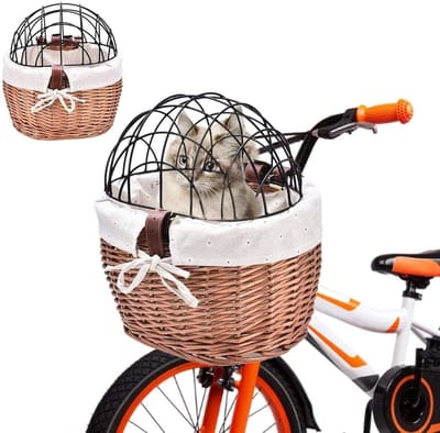 Famanu – Rieten hondenfietsmand voorop, klassieke transportmand voor huisdieren