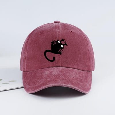 Grappige Zwarte Kat Print Gewassen Baseballpet Zacht, Comfortabel, Lichtgewicht, Ademend, Verstelbaar Schattig, Speels, Trendy, Modieuze brown