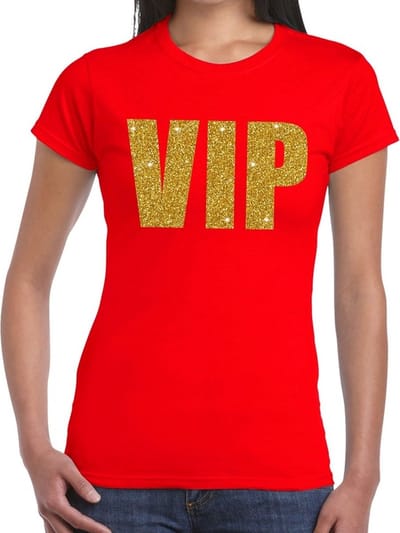 VIP tekst t-shirt - rood - glitter and glamour thema - gouden glitter letters - dames XS