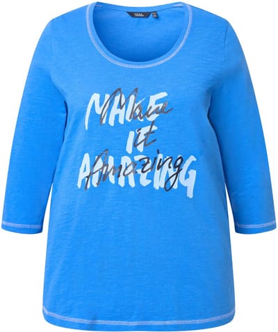 Ulla Popken - Dames - Shirt tekstmotief A-lijn ronde hals 3/4-mouw - Pacific blauw - Maat 46+