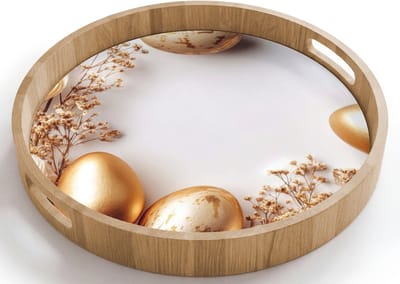 Dienblad rond 40x40 cm - Schootdienblad hout - Rozen - Paaseieren - Droogbloemen - Goud - Borrelplank rechthoek - Plateau houten dienbladen