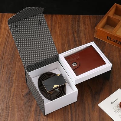 KZQ Heren Set - Riem En Portemonnee - In Luxe Cadeauverpakking - Verstelbare Riem - 120cm - 3 5cm Breed - Koffiebruin