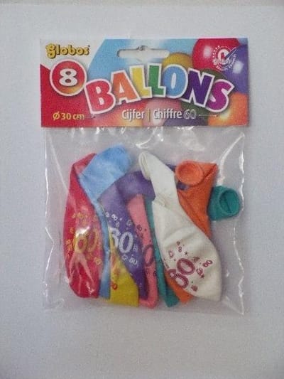 Ballonnen Cijfer 60 No. 12 eenzijdig 1 zakje met 8 stuks