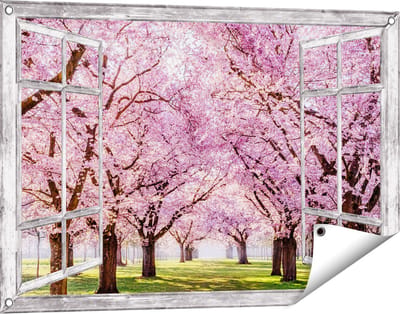 Gards Tuinposter Doorkijk Roze Bloesembomen Park - Bloemen - 90x60 cm - Tuindoek - Tuindecoratie - Wanddecoratie buiten - Tuinschilderij