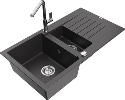 Mexen Matias granieten spoelbak 1,5-kamer met afdruiprek en keukenmengkraan Flora, zwart gespikkeld - 6502-76-670401-00