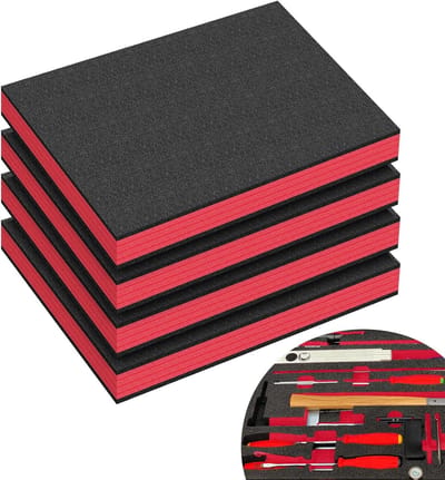 Foam Inleg voor Gereedschapskoffers, Schokbestendig en Snijdbaar, 4 Stuks Polyurethaan Schuim voor Organisatie van Koffers en Lades (40 x 30 x 4 cm, Rood)